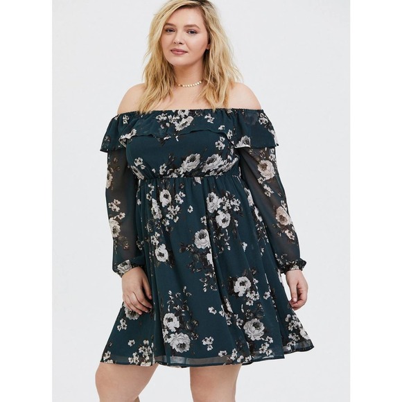 torrid Dresses & Skirts - Torrid Mini Chiffon Off Shoulder Skater Dress Teal Green Plus Size 2 2X H14852